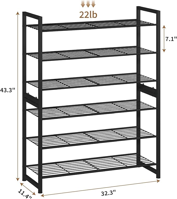 Stackable Shoe Rack, 6 Tier Metal Shoes Rack Storage Organizer,Large Capacity Shoe Shelf Max Holds 30 Pairs of Shoes,Sturdy a