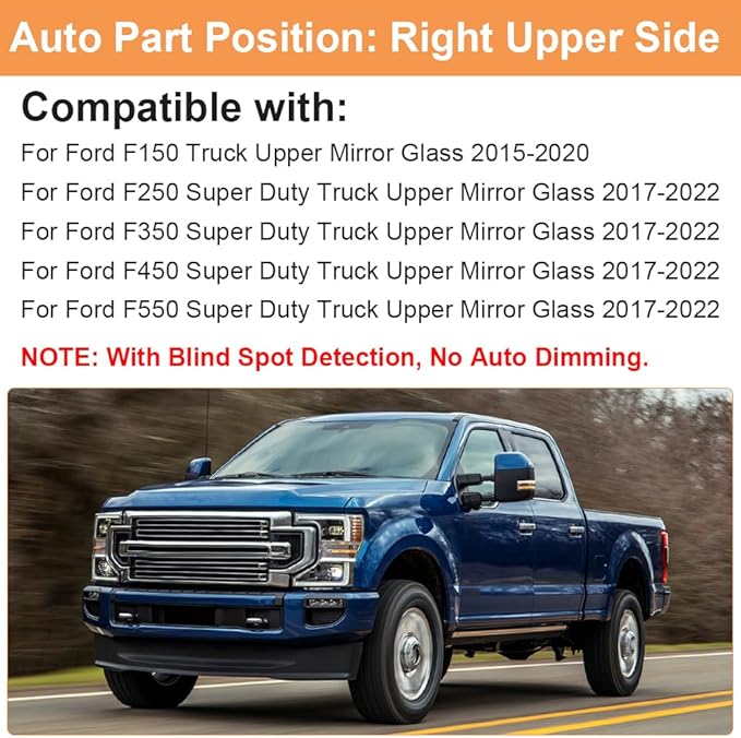 Senzeal Passenger Side Heated Mirror Glass with Blind Spot Detection BLIS for Ford F150 2015-2020 Ford F250 F350 F450 F550 2017-2022 Upper Tow Mirror (Right Side)