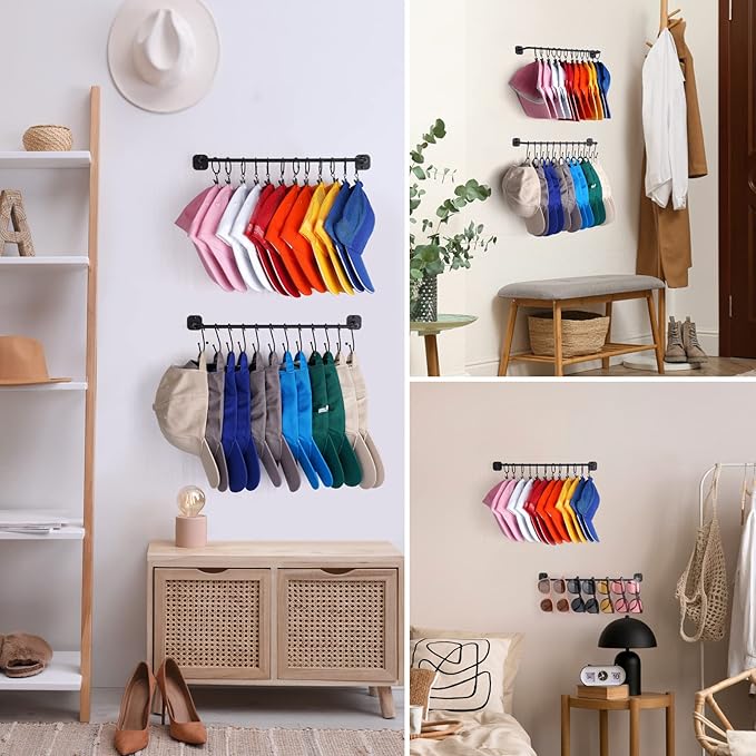 Hat Rack Wall Mount 24 Baseball Caps, Modern Metal Hook with 12 Clips and 12 Hooks Holder Storage Display for Closet Bedroom 