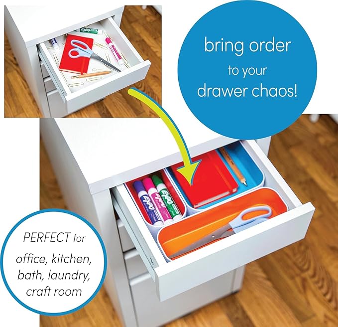 Three by Three Seattle 12 Piece Metal Organizer Tray Set for Storing Makeup, Stationery, Utensils, and More in Office Desk, K