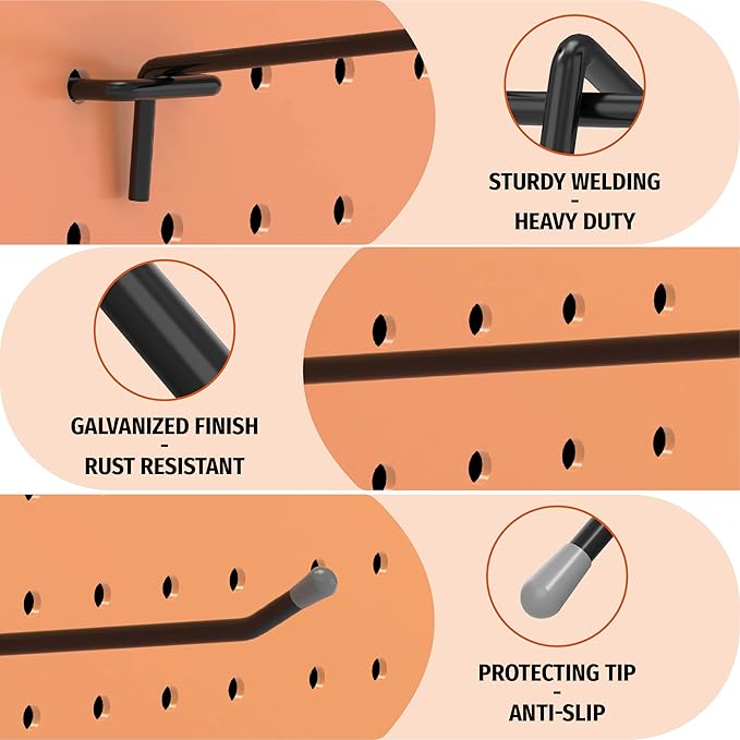 HUHOLE 25 Pack Black Pegboard Hooks 12 Inch – Heavy Duty Metal L-Hooks for 1/4" Peg Board – Garage Tool Organizer, Retail Dis