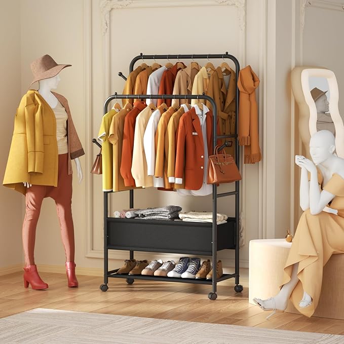 Furologee Clothing Racks for Hanging Clothes, Portable Rolling Garment Rack, Sturdy Metal Freestanding Clothes Rack with Whee