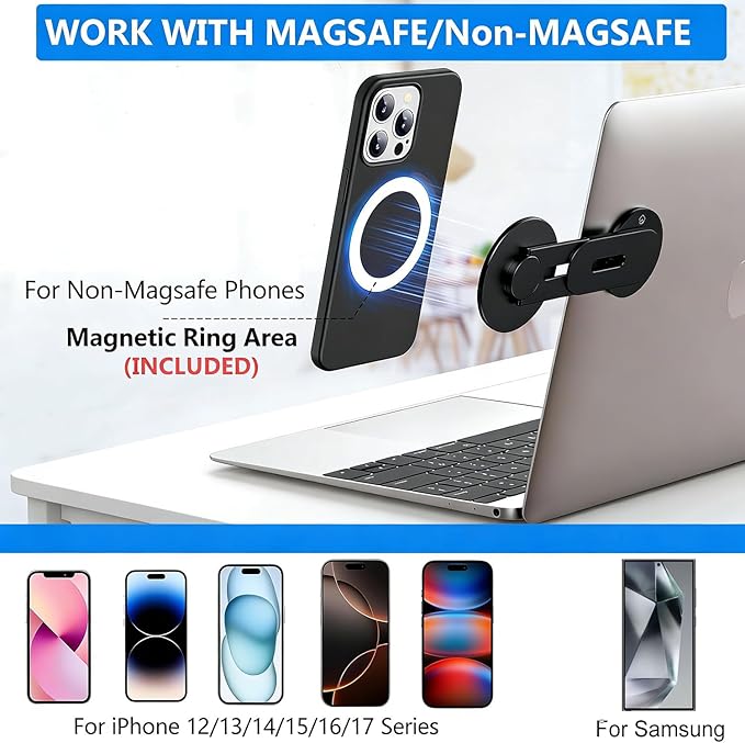 Magnetic Phone Holder for Laptop, MagSafe Laptop Phone Mount for iPhone 17/16/15/14/13/12 & All Phones, 180°Adjustable Phone Side Mount for Monitors for Tesla (Black)