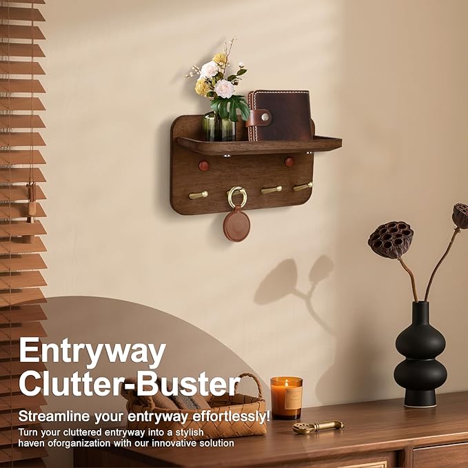 Key Holder Wall Mount, Solid Wood Key Holder for Wall with 4 Brass Hooks & Hidden Magnets, 15° Incline Hooks & Grooved Design