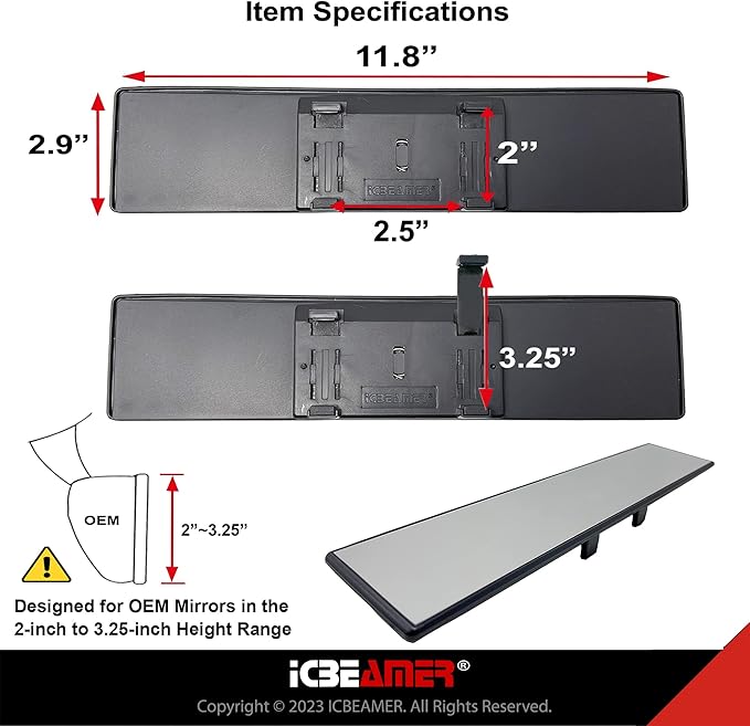 11.8" ICBEAMER Clip On Rear View Mirror | Flat Clear Tint Glass, Panoramic Wide Angle HD Glass, Anti Glare, Universal Fit for Car, SUV, Truck | Eliminates Blind Spots (1 Pack)