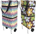 Reusable Grocery Bags with Waterproof Coating and Folding Wheels - 2 Pack Foldable Tote Bags for Shopping, Multi-Purpose Storage for Groceries(Colorful Stripes + Coffee Flowers)