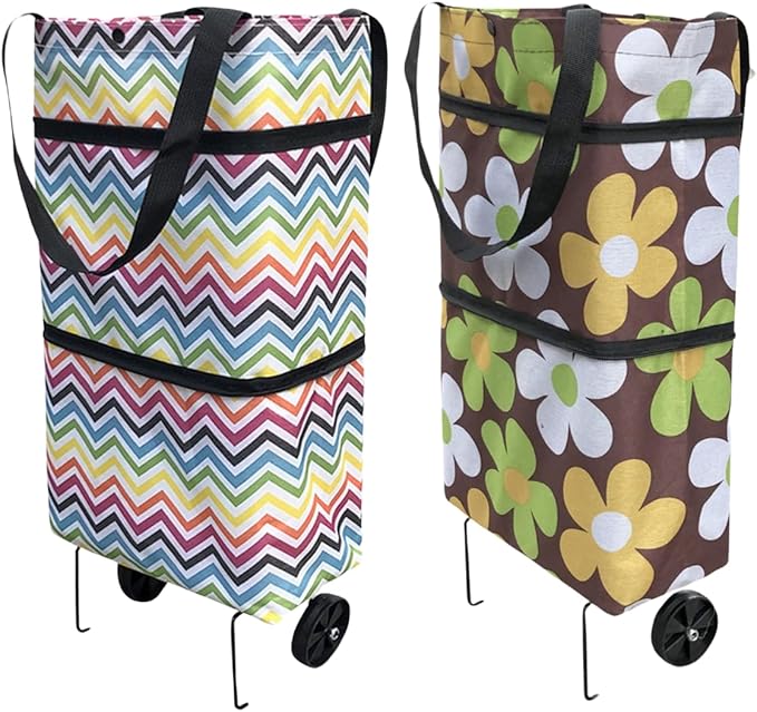 Reusable Grocery Bags with Waterproof Coating and Folding Wheels - 2 Pack Foldable Tote Bags for Shopping, Multi-Purpose Storage for Groceries(Colorful Stripes + Coffee Flowers)