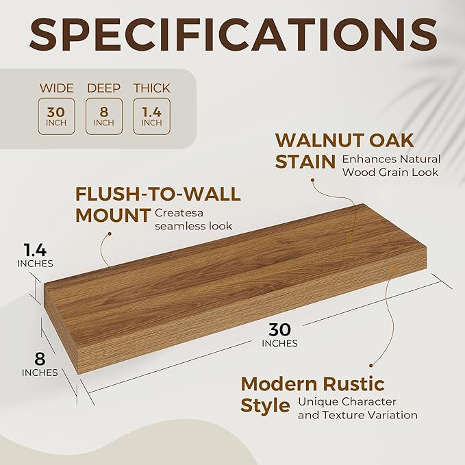 Dreamland 30 Inches Floating Shelves for Wall,8 Inch Deep Floating Shelves Set of 2, Large Display & Storage Shelf, Wall Shel