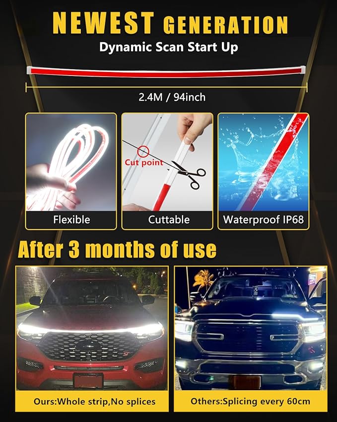 YM E-Bright Led Hood Light Strip Flexible Waterproof Dynamic Scan Start Up Hoodbeam Kit DRL Daytime Running Lights Exterior Led Lights for Cars,Truck,SUV,12V White 240CM/94inch,1 Set