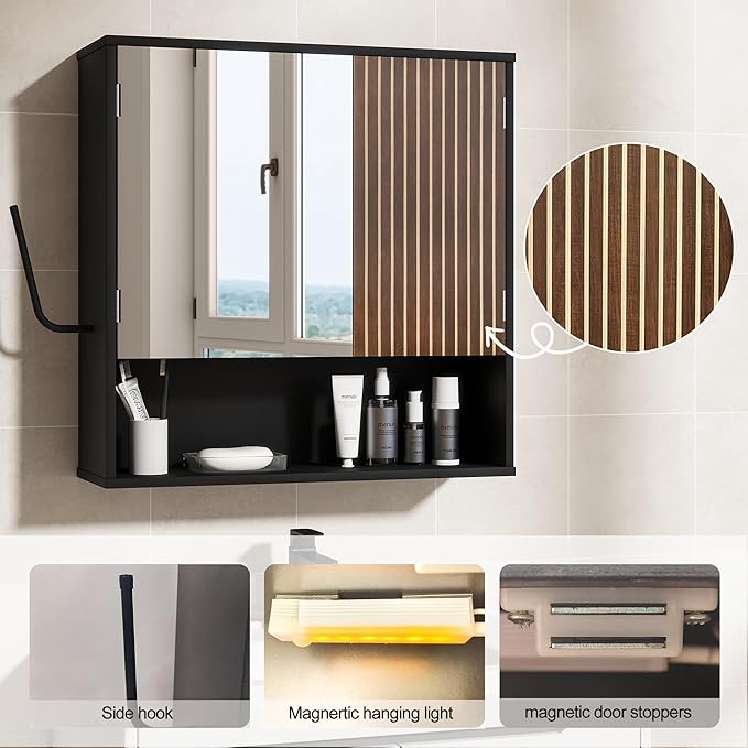 Bathroom Wall Cabinet With Mirror,wall mounted bathroom cabinet,Medicine Cabinet with 2 Door ,Side Hook,Light and Adjustable 