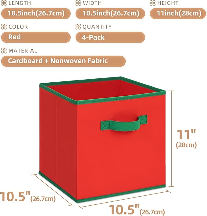 STORAGE MANIAC Storage Cubes, 11 Inch Durable 4 Pack Storage Shelf Basket for Christmas, Fabric Foldable Collapsible Bins wit