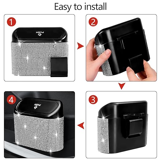 NBTEPEM Bling Car Trash Can with Lid, Mini Auto Garbage Can with 30 Trash Bags, Leakproof Automotive Garbage Container Bin, Bling Car Accessories Trash Can for Women (Silver Diamond)