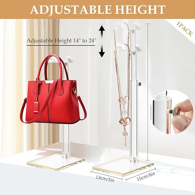 Acrylic Purse Display Stands, 14"-24" Adjustable Height Handbag Holder, Clear Purse Rack Stands for Closet Retail, Durable Go