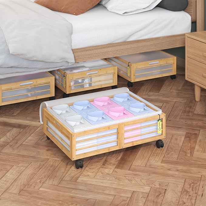 Under Bed Storage Containers with Wheels, Larger Bamboo Wood Under Furniture Storage Containers with Dust Bags，Rolling for Sh