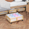 Bamboo Underbed Storage Containers with Wheels & Bag 2 Pack, Large Under Bed Rolling Storage Bins Wood Under Bed Clothes Stor