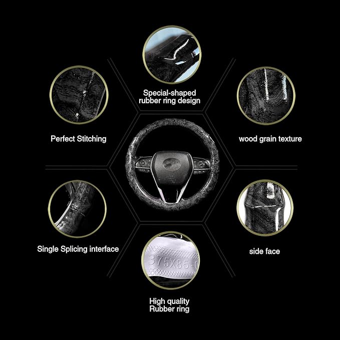 Wood Grain Steering Wheel Cover - Comfortable Grip, Artistic Design, Easy to Install, Universal Fit for Cars, Trucks, Vans & SUVs (Black)