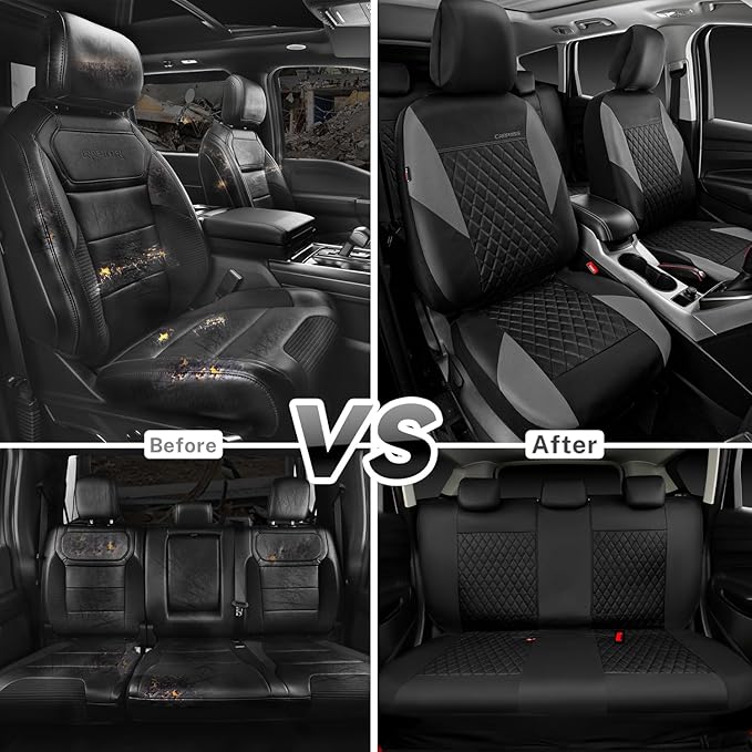 CAR PASS Quilting Leather Seat Covers Full Set,Universal Waterproof Deluxe PU Premium Car Seat Cover with 5mm Composite Spong