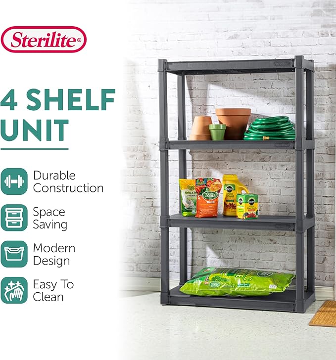 Sterilite 4-Pack 4 Shelf Unit, Heavy-Duty Shelving Storage and Utility Rack - Standing Plastic Organizer Shelves for Kitchen,