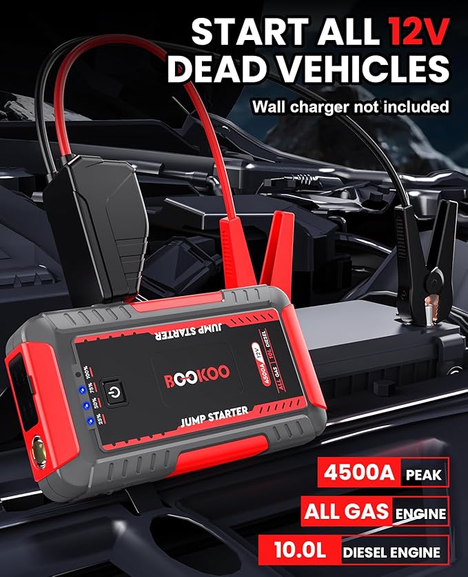 BOOKOO Portable Car Jump Starter, 4500A Jump Start Battery Pack up to 10.0L Gas/8.0L Diesel Engines, 12V Car Battery Jump