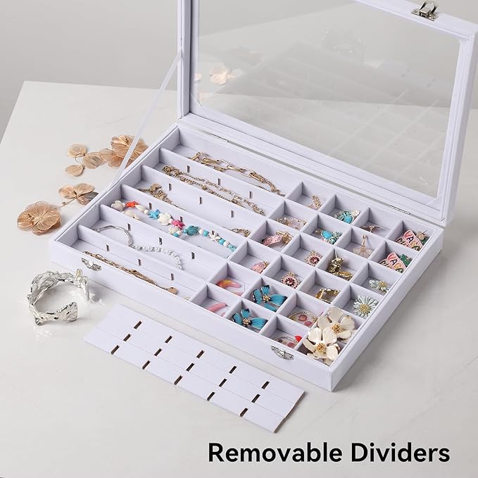 Frebeauty 48 Grid Jewelry Tray,Adjustable Earring Holder Organizer with Glass Lid,Velvet Drawer Jewelry Organizer for Rings,S