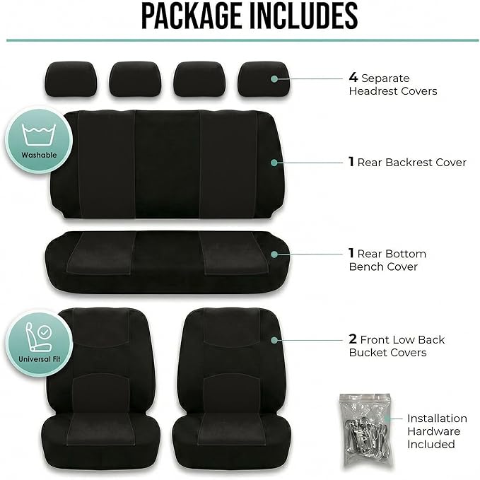 FH Group Flat Cloth Full Set Car Seat Covers Three Row 7 Seater - Universal Fit for Cars, Trucks & SUVs (Solid Black)