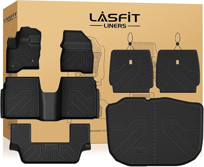 LASFIT All Weather Floor Mat Set for 2009–2019 Ford Flex & 2010–2019 Lincoln MKT – 3 Rows Custom Fit Floor Mats + Cargo Liner & Seat Back Protectors – Premium TPE Interior Full Coverage Protection