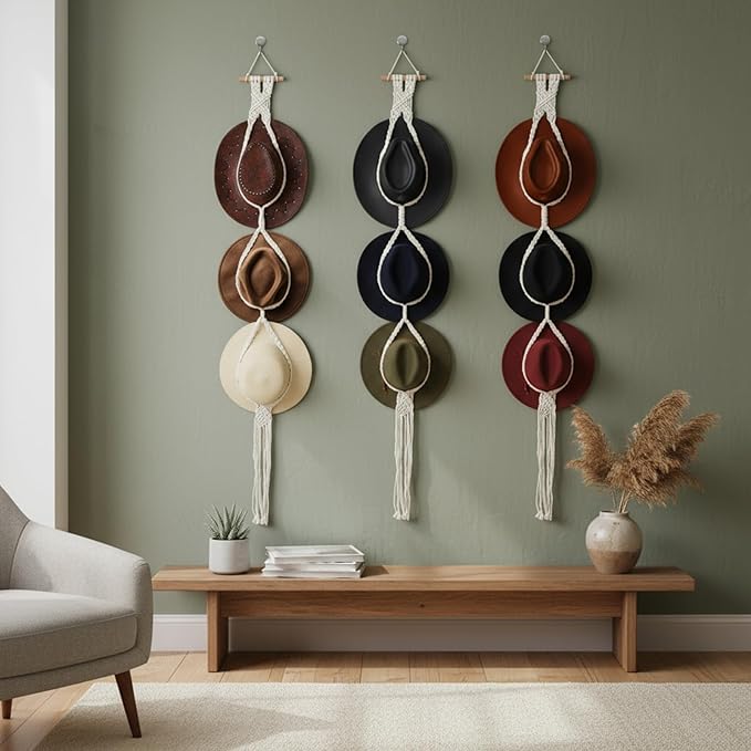 3 PCS Macrame Hat Hangers for Wall, Bohemian Hand Weaving Boho Hat Rack Organizer for Cowboy, Wide Brim, Bowler & Fedora Hats