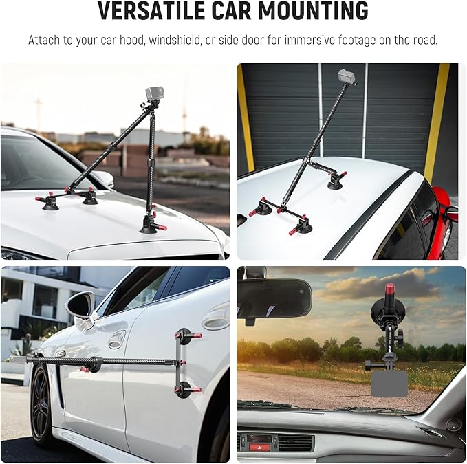 NEEWER Triple Suction Cup Car Mount Kit, Carbon Fiber Camera Mount with Action Camera Adapter, NATO Rail & 24"/60cm Extension Pole Compatible with GoPro Insta360, 2.2lb/1kg Max Load, CA136