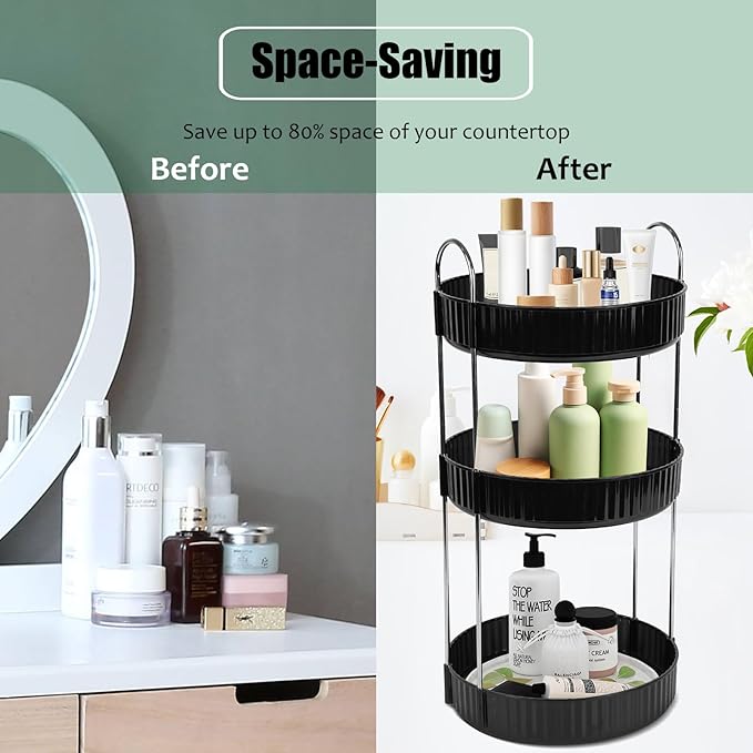 Rotating Makeup Organizer Countertop 3 Tier Lazy Susan Trays Spinning Skincare Perfume Storage for Bathroom Counter Vanity, B