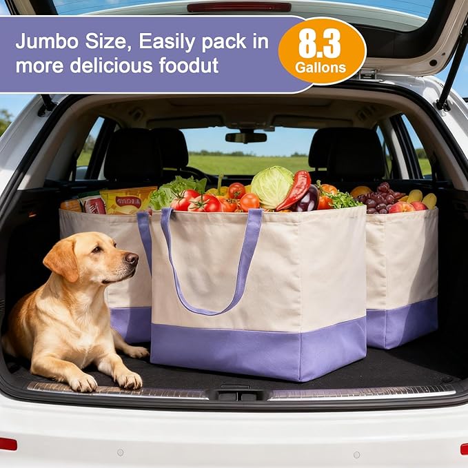 Reusable Grocery Bags Heavy Duty, 8.3 gal Foldable Large Canvas Tote Bag with Handles, Holds 60 lbs Canvas Shopping Bags, 3 Pack（Off White+Light purple）