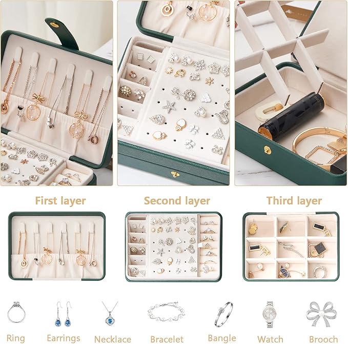 KOOAAICCHI Small Jewelry Box, Travel Jewelry Organizer, Portable Jewelry boxes for Women Girls Gift, Double Layers PU Leather