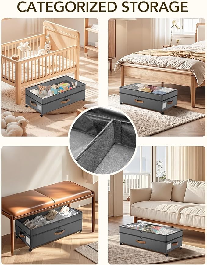 4 Pack Under Bed Storage with Wheels, Adjustable Height Storage Containers, 10 inches Large Capacity Rolling Underbed with Li