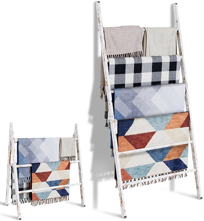 Delywh 6-Tier Wide Double Blanket Ladder Wood, Rustic Decorative Towel Rack for Big Blanket, Towel, Quilt, Clothes - Freestan