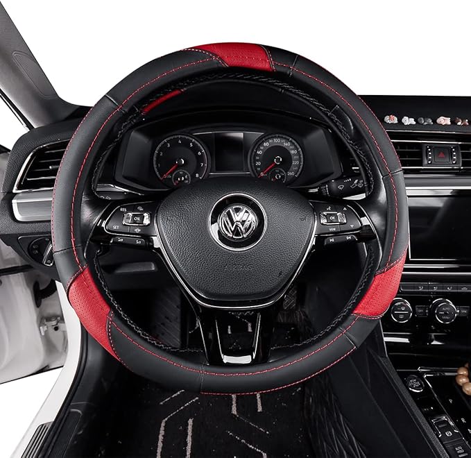 EKR Universal 15 inch Leather Steering Wheel Cover - Genuine Leather, Breathable, Anti Slip & Odor Free (Black/Red, M(14" 1/2-15" 1/4))
