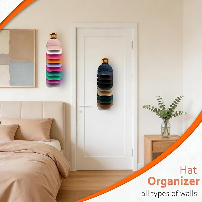 Hat Organizer for Baseball Caps 2 Pack - Wood & Metal Wall Hat Rack with Strong Adhesive & Screws, Holds Up to 22 Caps, Dual 