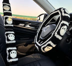 Crochet Steering Wheel Cover,Handmade Rock and Roll Skull Steering Wheel Cover, Skull Wheel Covers Cool Girl & Men, Skeleton Wheel Covers 14-15 in (Wheel Cover Set)