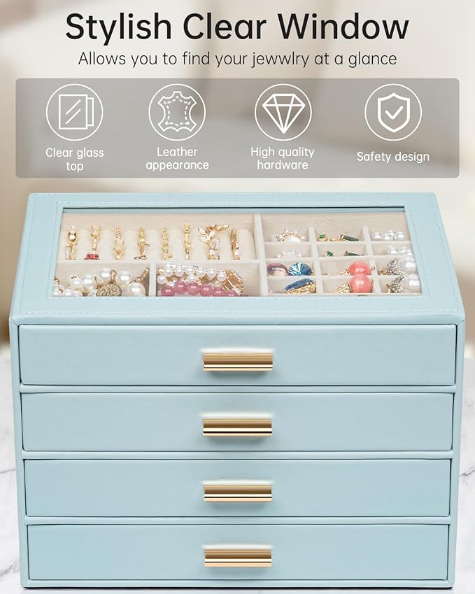 AKOZLIN Jewelry Box with Clear Lid Functional Leather Jewelry Storage Organizer Case 4 Drawers for Women Girls Necklace Ring 