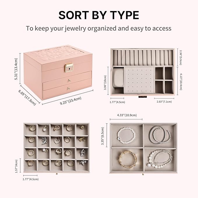 Greenfeather Jewelry Boxes for Women, Jewelry Organizer Box with Lid 3 Layers for Necklaces Rings Earrings and Bracelets Box 