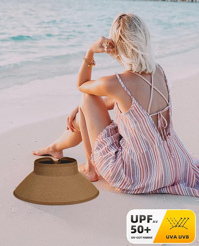 Sun Visor Hat for Women, Wide Brim Straw Summer UV Protection Hat, Foldable Roll-up Packable Beach Cap