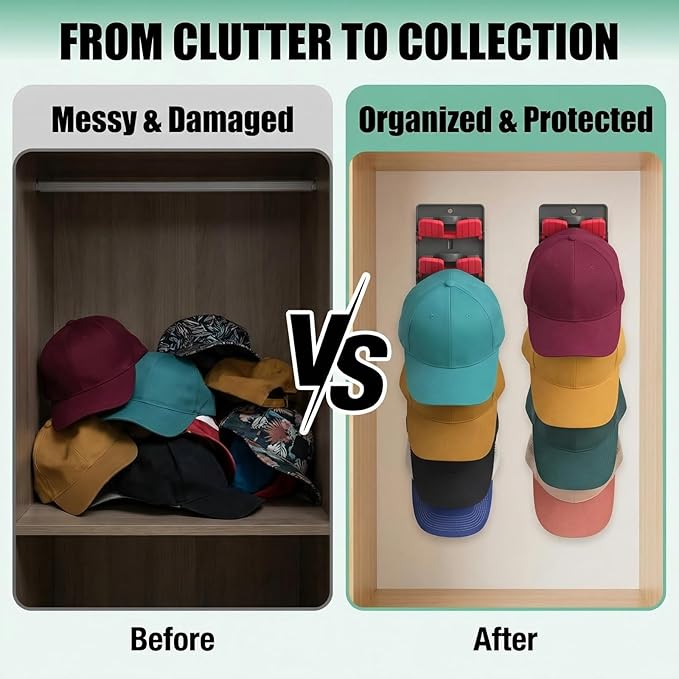JBD Multicolor Hat Organizer for Baseball Caps, 2-Pack Wall Mounted Hat Rack Holds 20 Hats, Innovative Auto-Grip Clips Hat Ho