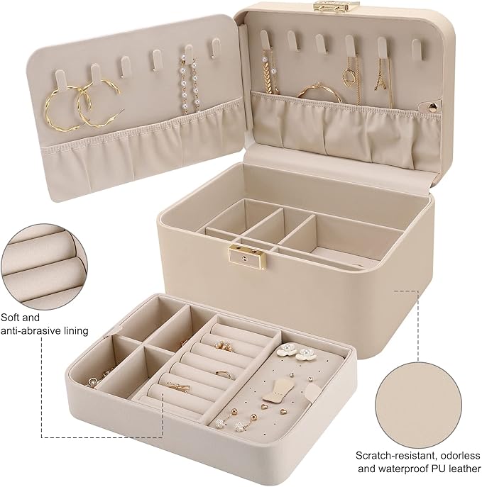 Upgraded Jewelry Box, 2 Layers PU Leather Jewelry Organizer for Women with Lock and Mirror, Hidden Necklace Hook and Removabl