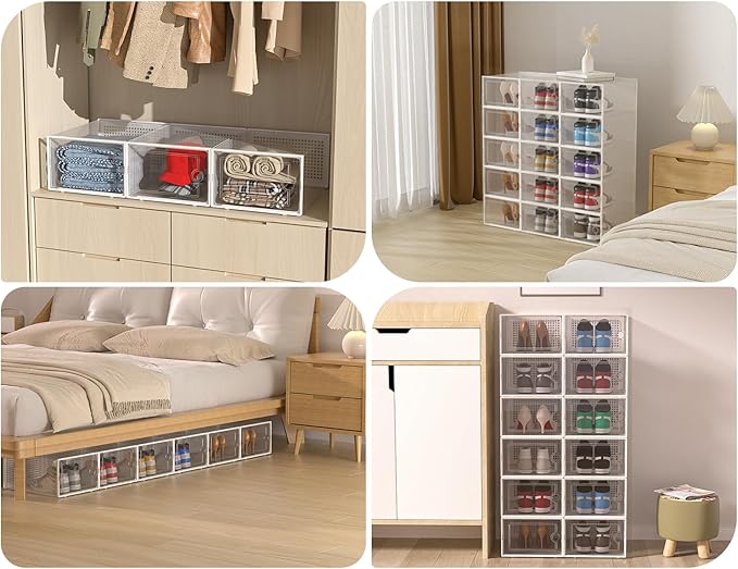 Kuject XX-Large Shoe Storage Boxes Organizers Clear Plastic Stackable 12 Pack, Shoe Rack & Holder Substitute, Sneaker Contain