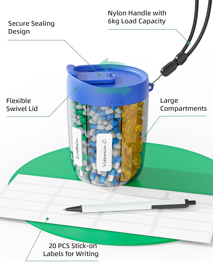 PULIV Large Supplement Organizer Bottle, Holds Plenty of 6 Various Vitamins in 1 Pill Dispenser with Anti-Mixing & Wide Openi