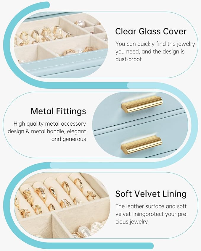 AKOZLIN Jewelry Box with Clear Lid Functional Leather Jewelry Storage Organizer Case 4 Drawers for Women Girls Necklace Ring 