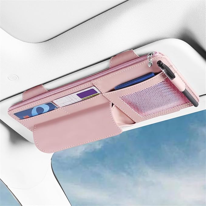 Car Visor Organizer, Multi-Pocket Sunvisor Storage with Sunglass Holder, Document Holder and Visor Card Clip, Fit for AUTO SUV & Truck, Leather Car Accessories Interior (Pink)