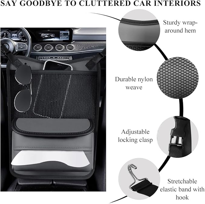 Car Organizer Storage Between Seats, Leather Large Capacity Automobile Handbag Hanging Store Content Bag, Auto Console Organizer Holder for Snack Phone Document Storages, Car Accessories (Gray)