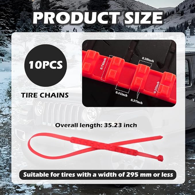 10PCS Snow Chains for Car Tires,Adjustable & Strong Grip Tire Chains for Trucks with Serrated Non-Slip Design,Reusable Tire S