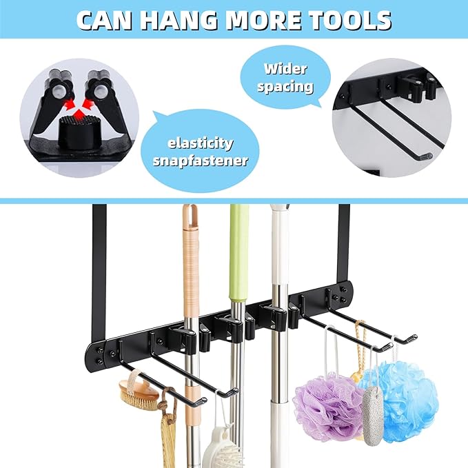 Broom Holder Door Mount,Door Mounted Broom and Mop Holder with Dual Tool Hooks, Three Slots, and One Tool Storage Basket For 