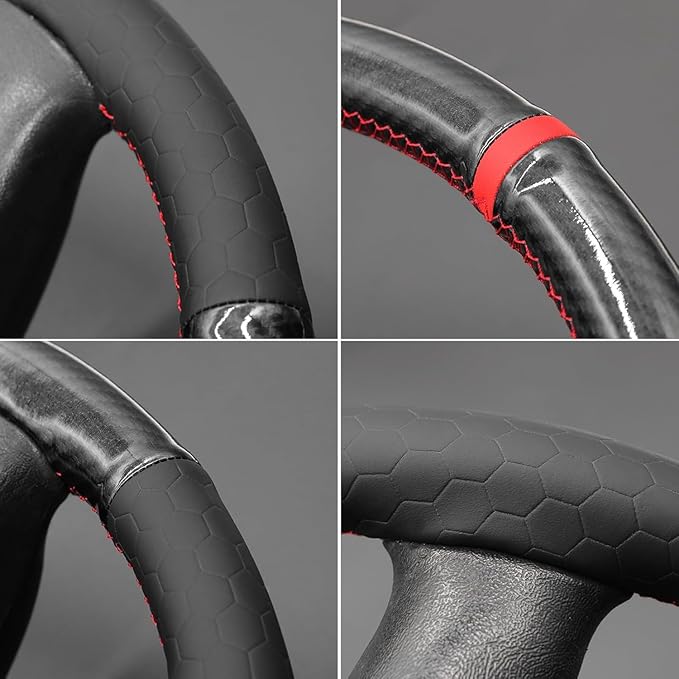 MEWANT Hand Stitch Steering Wheel Cover for Chevy Silverado 1500 Carbon Fiber Hive Embossed Faux Leather Steering Wrap