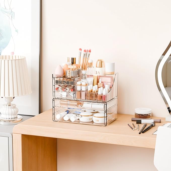 Yieach 2 Pack Clear Makeup Organizer Countertop for Dresser,Vanity and Bathroom Counter Organizer,Tiered Stackable Makeup Acr